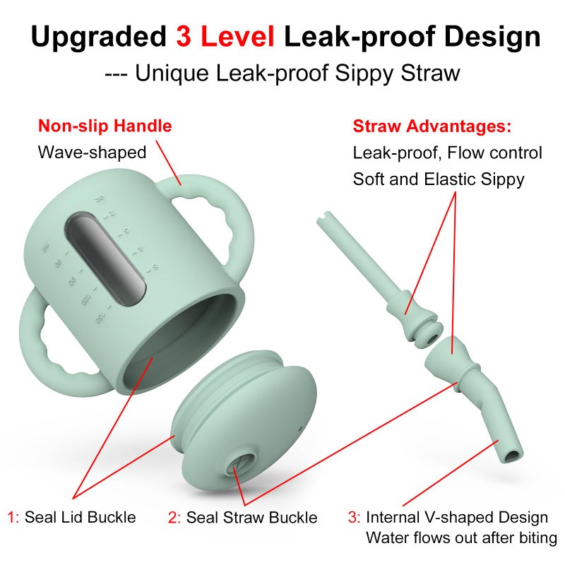 Seposeve 2 Pack Silicone Sippy Cups  Leak-Proof Baby Straw Cup for 6-12 Months  Spill Proof Toddler Cup with Straw 1-3 Years  with Capacity Marking  Non-slip Handle  Flow Control  6 oz  Green Blue - Image 2